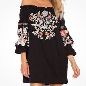 Free People Embroidered Off-Shoulder Boho Dress – Black, Size XS
